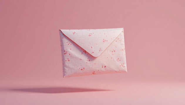 A pink envelope with a floral pattern floats in mid-air on a matching pink background on transparent background