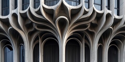 Obraz premium Curved concrete facade with arches and windows architectural detail.