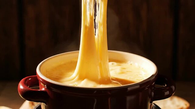 Delicious Swiss Cheese Fondue Pot With Crusty Bread Dipped In Melting Cheese For A Cozy Culinary Experience