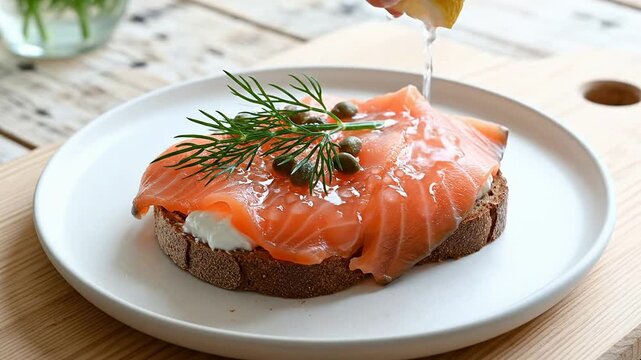 Delicious Swedish Sm?rg?s With Smoked Salmon, Capers And Dill Garnish Topped With Squeezed Lemon Over A Wooden Table Background