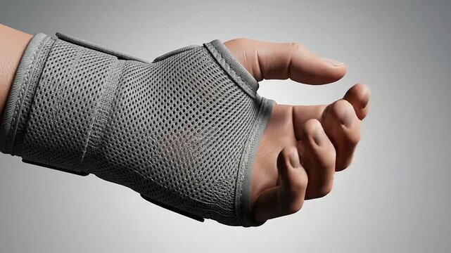 Detailed CGI Render Of A Human Hand Wearing A Sleek Unbranded Grey Medical Brace Or Splint Set Against A Smooth Neutral Background For Healthcare Applications