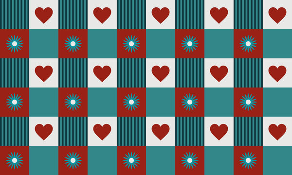 Seamless geometric checkerboard pattern with red hearts and blue sunburst flowers, retro checkered background.