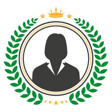 Illustration of a woman avatar in a circle with a laurel wreath on a white background