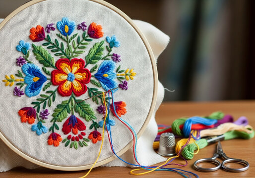 Embroidery hoop, colorful floral pattern, sewing tools, threads, needlework art, embroidered flowers 4k, Premium Quality,