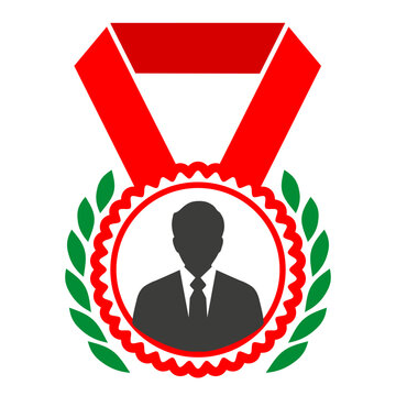 Illustration of a medal with a portrait of a man and a laurel wreath on a white background