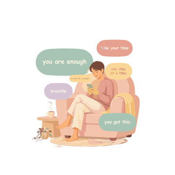 A person relaxing on a chair, receiving positive affirmations on their phone.