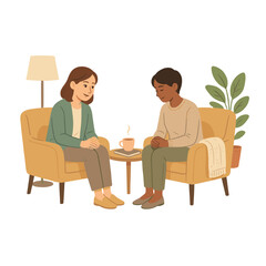 Obraz premium Two people having a discussion in comfortable chairs, with a cup of tea on a small table between them.