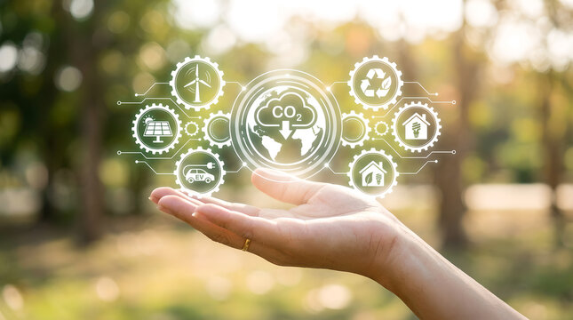 Clean Energy and CO2 Reduction Concept in Hand with Green Background