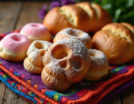 Various Mexican sweet breads including skull shaped pan de muerto and pink iced conchas sit on a colorful woven cloth. Fresh baked goods for traditional celebration.