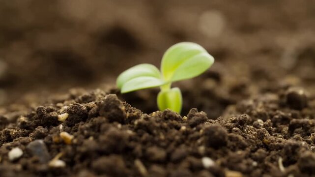 Macro view of tiny green seedling rising from rich dark soil, fresh cotyledon leaves and natural texture suggesting renewal, growth, eco gardening and organic life