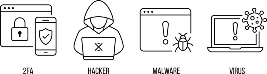 Black and white line icons depicting cybersecurity concepts and threats, Eps 10. © MRSJAHANARA