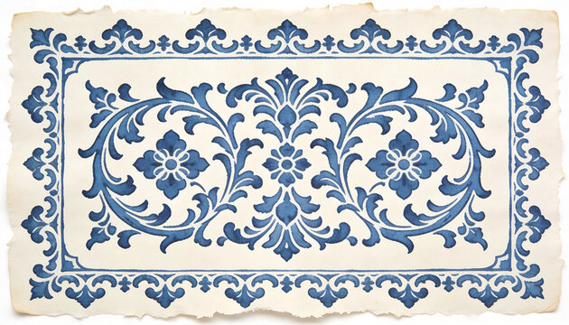 damask border pattern, blue watercolor floral ornament on handmade deckle edge paper, ornate retro framework