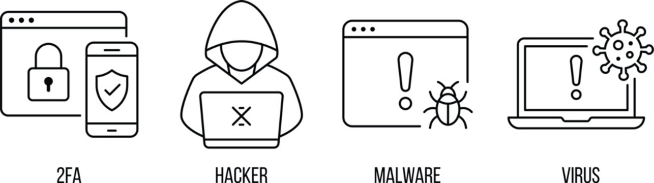 Black and white line icons depicting cybersecurity concepts and threats, Eps 10.