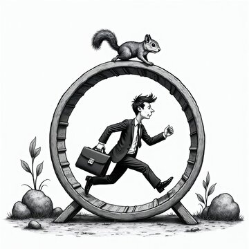 Man in suit runs on giant hamster wheel with squirrel on top. Businessman chases career goal endlessly. Concept of corporate rat race and futility of labor.