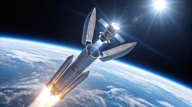 Rocket deploying satellite into Earth orbit. Spacecraft launching payload during mission above planet atmosphere.