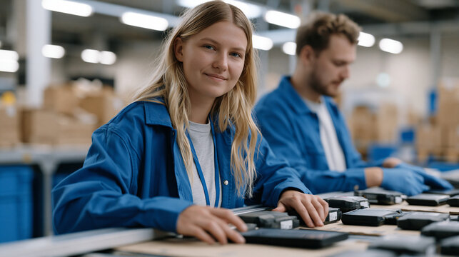 Circular economy reverse logistics team sorting returned consumer electronics by condition grade on a large conveyor table inside a certified refurbishment facility, scanning
