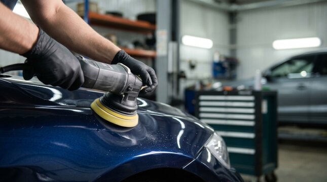 Close up of technician hands polishing blue car fender with dual action orbital sander machine. Detailer worker buffering automobile body paint coating in modern garage service workshop.