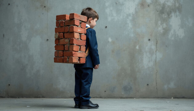 Young boy in dark suit carries heavy backpack made of bricks. Stands against concrete wall. Life burden, responsibility. Childhood pressure, challenges. Educational load future struggles.