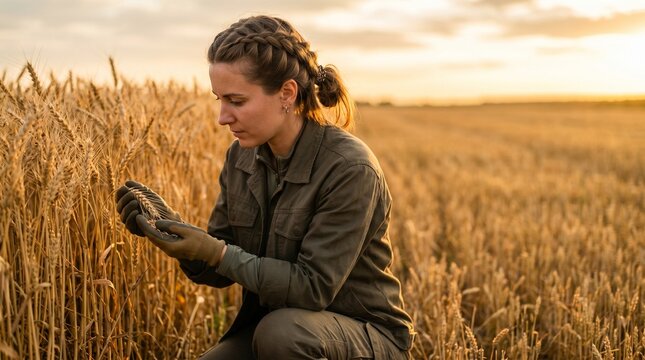 Young female farmer inspecting wheat ears harvest in agricultural gold field at sunset. Woman agronomist checking quality of cereal crop grains in summer rural landscape before harvesting.