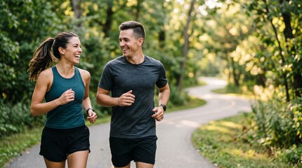 Fototapeta premium Happy couple running in summer park together smiling. Young active man and woman jogging outdoors on path, lifestyle cardio workout, fitness training and healthy commercial concept.