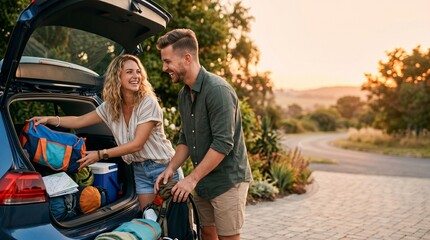 Fototapeta premium Happy young couple packing colorful travel bags into car trunk for road trip at sunset. Smiling caucasian man and woman loading luggage into vehicle preparing for summer vacation holiday.
