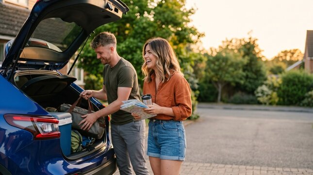 Happy young couple loading bags into car trunk for road trip. Smiling man and woman holding map planning travel vacation. Summer weekend getaway, transportation and freedom lifestyle.
