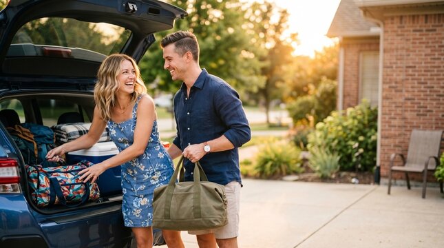 Smiling young couple loading bags and cooler box into car trunk outside suburban house. Happy family packing luggage into vehicle preparing for summer weekend road trip travel vacation.