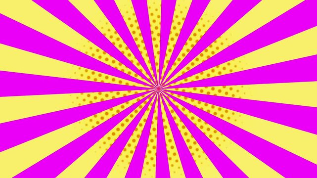 4k seamless looping animated hot pink pop art background. Yellow sunbeams . Polka dot pattern moving on round. Sunny summer kid funny banner. Sun explosion in center. 3d text birthday party backdrop