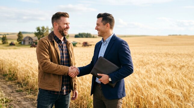 Successful business handshake of farmer and businessman partner in golden wheat field deal agreement contract sign local agricultural trade partnership commercial cooperation background
