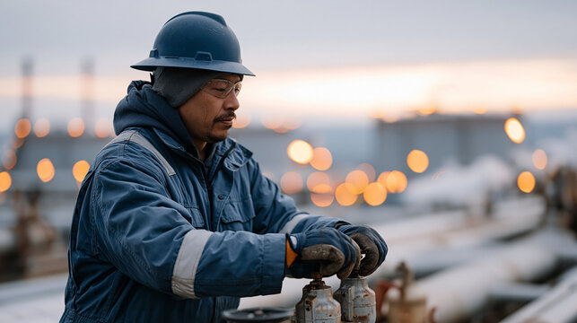 Chemical plant operator in full personal protective equipment adjusts valve controls on a sprawling pipe manifold in an outdoor refinery at dusk, steam venting from pressure