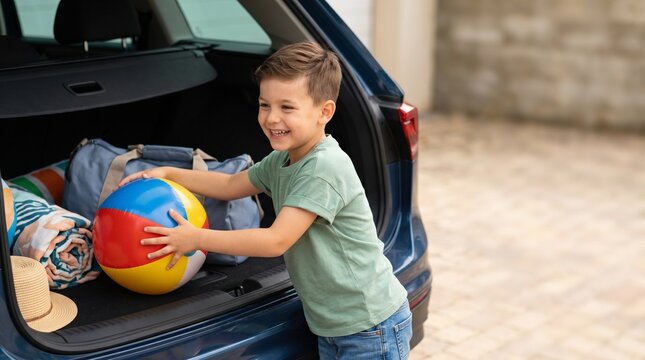 Happy little boy loading colorful beach ball into car trunk family road trip summer vacation travel weekend getaway luggage packing active lifestyle childhood commercial concept photo