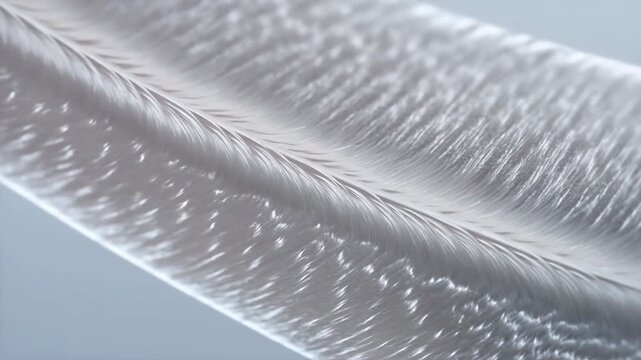 Featherlike textured band with filaments fanning along diagonal seam, subtle undulation, lifted strands, silvery highlights, soft contrast, and organic flowing surface detail