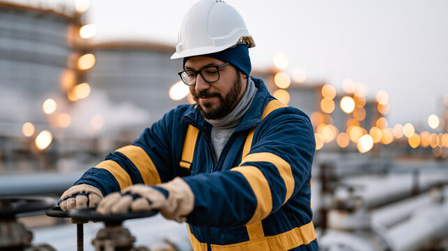Chemical plant operator in full personal protective equipment adjusts valve controls on a sprawling pipe manifold in an outdoor refinery at dusk, steam venting from pressure