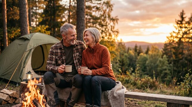 Happy mature couple drinking coffee by campfire near tent in autumn forest active seniors camping and retirement lifestyle concept