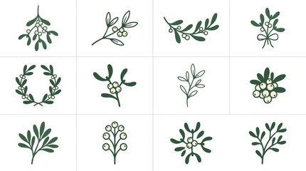 Assorted green mistletoe and berry foliage illustrations. © Puput
