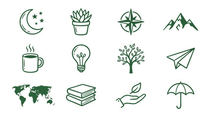 Assorted green line icons for various themes. © Puput
