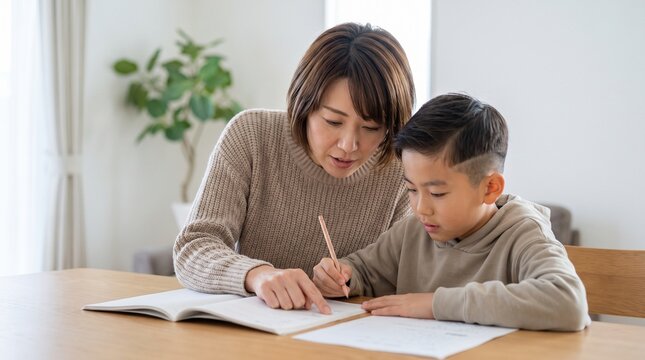 Focused asian mother helping her elementary school son with homework assignment at home living room table, family education learning and private tutoring conceptual lifestyle photography.