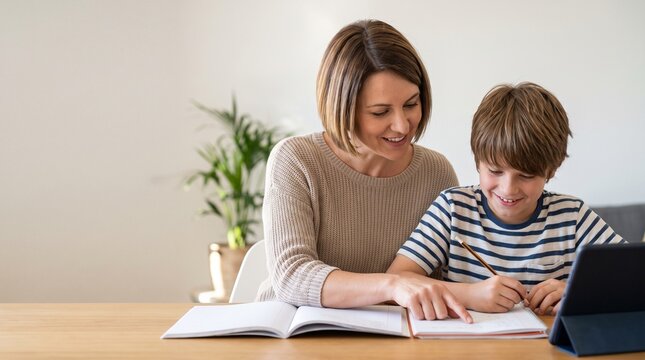 Mother helping son with homework using digital tablet and notebook, mom homeschooling kid, remote education, e-learning at home table
