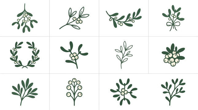 Assorted green mistletoe and berry foliage illustrations.