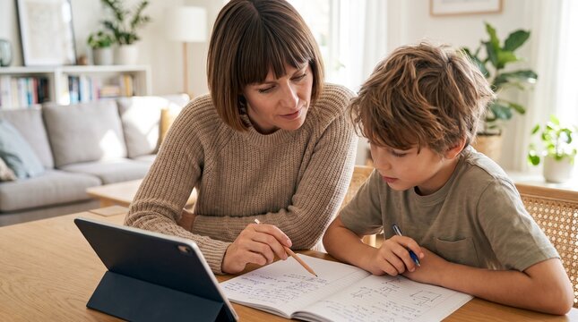 Mother and son using digital tablet for homeschooling. Caring mom helping boy with homework assignment at table. Distance education, e-learning, family support and modern lifestyle concept.
