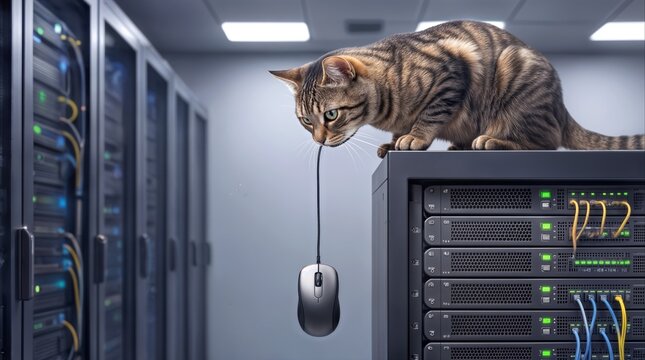 Tabby cat sitting on server rack holding computer mouse by cable. Funny tech support and cybersecurity concept in data center.
