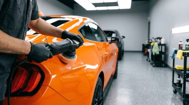 Car detailing auto craftsman polishing orange sport car paint surface with power orbital buffer machine in shop