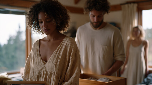 Three adult siblings sorting deceased parent's belongings in childhood bedroom, one holding framed photo quietly, one emptying dresser efficiently, third standing at window