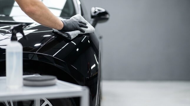 Professional car detailing specialist wiping glossy black vehicle hood with microfiber cloth after paint polishing automotive ceramic coating protection premium auto detailing service