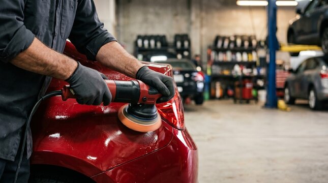 Mechanic polishing red car rear fender in auto body shop. Professional technician using electric dual action orbital buffer machine for paint correction and detailing service.