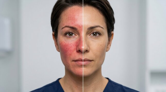 Split screen comparison of a woman's face showing red skin inflammation and clear healthy skin for dermatology and skincare treatment