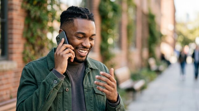 Smiling African American man chatting on smartphone outside brick building. Cheerful black guy having friendly phone call conversation on city street, gesturing with hand. Digital nomad tech.