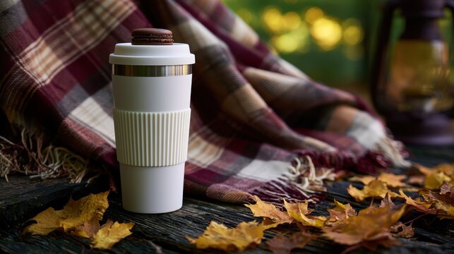 Cozy autumn still life with reusable travel cup, plaid blanket, glowing lantern and fallen leaves, celebrating hygge, seasonal warmth and outdoor relaxation.
