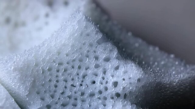 Close-up porous cleaning sponge with triangular ridge, open-cell texture, cool directional light, subtle highlight shifts, soft shadow, shallow focus, and abstract clinical detail