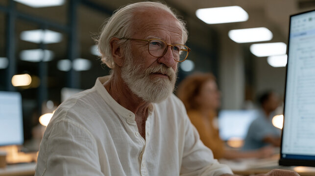 Retired engineer returning to workforce sitting at a community college lab computer, adaptive learning AI platform presenting a personalized coding curriculum based on completed